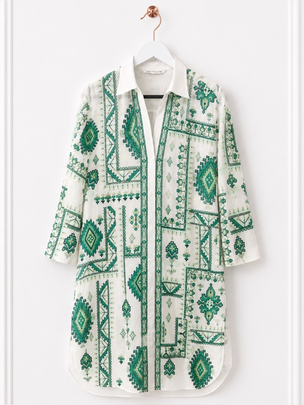 Zara Womens XS White Green Embroidered Tunic Shirt Dress Boho Beach Cover Up